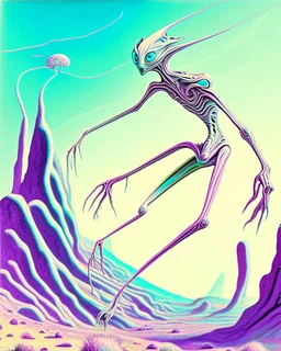 an ethereal and pastel alien creature, with shifting limbs and slender composition, is climbing through a strange wild landscape , highly polished, chrome airbrush style, dreamlike composition, color penciling color palette, surrealistic retro-futurism, rotoscoping, psychedelic aesthetic, metaphysical, highly detailed, arthur lismet, artstation, 1960s psychedelic drawing with art nouveau motifs, munch, vibrant, extra terrestrials art, vintage