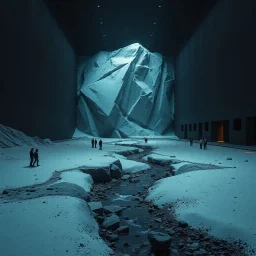 Photograph, a dark mass of terrain, giant museum space, powder, brook, dramatic colors, persons, geological formation, architecture, minimalist, details of the terrain very accentuated, 8k, deep 3d field, sharp, brutalist, hasselblad h6d400c --ar 85:128 --v 6.0