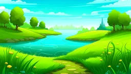 Fantasy cartoon illustration: path in the grass near a lake