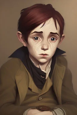 old oil painting of oliver twist, crying boy, oil on face, 1890 clothes