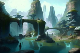 alien village with waterfall, bridges, people, next to lake, rocks