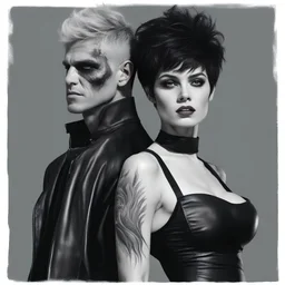 An extremely muscular young man who resembles an old, decomposing zombie with pixie-cut black hair, wearing a black leather jacket and pants, standing next to a beautiful woman with auburn hair who resembles the wicked witch of the west, wearing a black two-piece bathing suit with a perfect shaped, stacked body, and a perfect face, 4k, 8k, 32k UHD, Hyper realistic, extremely colorful, vibrant, photorealistic, realistic, sharp, highly detailed, professional quality, beautiful, awesome, majestic,