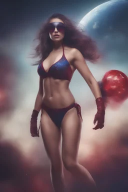 full body portrait - some unknown female in an action scene with bikini on - 32k, UHD, 1080p, 8 x 10, glossy professional quality digital photograph - dark blue and dark red, and light maroon and purple and foggy black gradated background with a paint splattered wall, strawberries, stars, planets, galaxies, an assortment of bright, colorful floral arrangements, black roses, blue roses, red roses, yellow roses, pink roses, dandelions, honeysuckle roses, tulips, carnations,