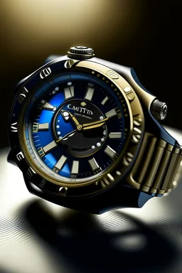 Produce an image of a Cartier Diver watch positioned on a stable.cog in a mid-journey setting, with a focus on capturing the play of light on the watch surfaces, showcasing its exquisite design and attention to detail."