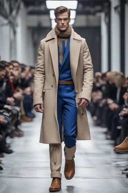 a men winter fashion runway with industrial clothes inspired by Superman style, embroidery elegante fashion beige tones