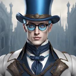 Hyper realistic human male with pale skin and wearing fantasy noble clothes, wearing a top hat with glasses. with short blue hair and blue eyes,