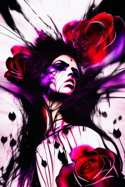 Explosive abstract image of a beautiful gothic girl, dramatic pose in a field of roses