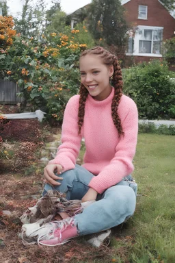 Sherrie Sue Engellant, a tiny 18-year-old girl with Long, auburn red-brown hair cornrow style, sea-green eyes, sitting in her front yard wearing a pink, knit, turtleneck sweater, blue jeans, black converse sneakers, a sly, clever grin on her face, (plump, full, pouty lips) ,