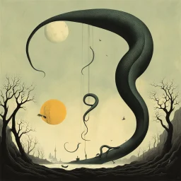 everything has a snake tail!, Surreal style by Alessandro Gottardo and Joan Miro and Zdzislaw Beksinski, world's fair disaster, dark shines a hole in the soul, hot colors and cold hues, eerie, neo-surrealism, creepy, concept art, unbalanced and uncentered