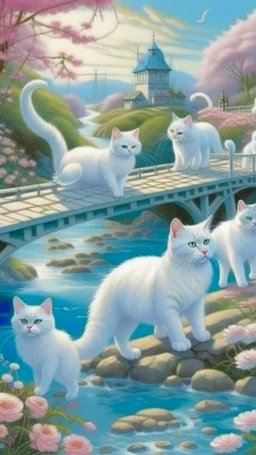 in the center: beautiful chunky white cats playing on a bridge with grey mice, under the brigde flows a small blue river; background: landscape, first plan: pink flowers: white clouds in shape of cats, season: winter