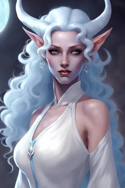 A tiefling with a powder blue skin tone, wearing a white dress, with knee-length hair and long curly horns protruding from just above her forehead