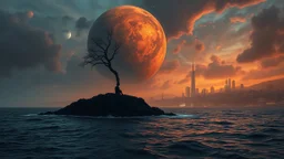 one alone human sitting on deep dark colors little island on big ocean, next the island close alone human there is beautyful landscape with with cites and with many humans, . normal neurotipical lifes contrast the weird inner world with neurodivergens soul and mind,, Whimsical strange style of Chagall, of Bosch of giger and Anton Semenov. weird absurd beauty nightmare, in background neuronic network and normal landscape Whimsical surreal vibe, cinematic