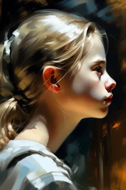 an expressive painting of a beautiful white young girl side view , we might see a companion with features of absolute strength and determination, blended with warmth and deep faith. Perhaps her face expresses wisdom and courage, with eyes radiating confidence and faith.