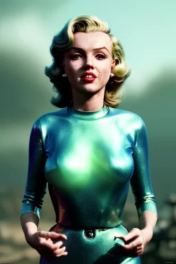 Ultra Realistic retro sci-fi 1960 scene, waist up view portrait, blonde woman, sweet young Marilyn Monroe face, perfect iris, tight latex coat, alien planet background, tight style, steel sphere dron levitating, fog, rain, soft color, highly detailed, unreal engine 5, ray tracing, RTX, lumen lighting, ultra detail, volumetric lighting, 3d, finely drawn, high definition, high resolution.