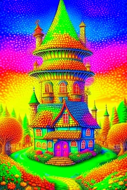 Fantasy art: beautiful colorful vivid fairy tower in a middle of a small cute village, with many small houses