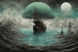 Sinking world, 3D, mist and smoke, black, turquoise (a little bit closer to the green) and white color, hard rain, and watercolor patchwork by Picasso and Caspar David Friedrich and Daniel Merriam digital painting award winning fantastic view high definition abstract surreal no watermark