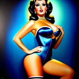 Ultra detailed fullbody Portrait in oil on canvas of Retro Futuristic Pin-Up,busty, wearing minimal skintight suit,intense stare,extremely detailed digital painting, extremely detailed face,crystal clear Big eyes, mystical colors ,perfectly centered image, ,perfect composition, rim light, beautiful lighting,masterpiece,16k, stunning scene, raytracing,anatomically correct, in the style of robert e howard and Ken Kelley and Ohrai Noriyoshi and Simon Bisley