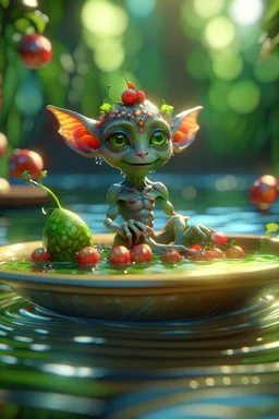 transparent elf pixie hippie creature on small raft with a bowl of magical fruit soup, in the style of fantasy movies, photorealistic, shot on Hasselblad h6d-400c, zeiss prime lens, bokeh like f/0.8, tilt-shift lens 8k, high detail, smooth render, unreal engine 5, cinema 4d, HDR, dust effect, vivid colors