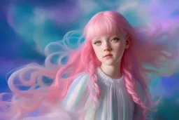 Young girl with pink, white and blue hair and a white dress in a photorealistic portrait style in front of a swirling psychedelic cosmic galaxy background with multicolor lights and swirls
