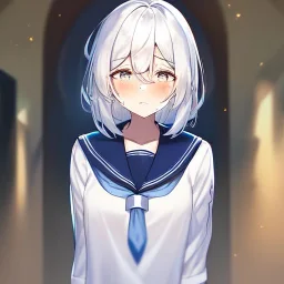 Clear focus, High resolution, medium length hair, white cyan hair, cyan eyes, wearing a sailor uniform, crying