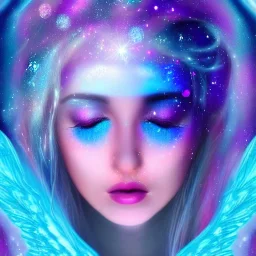 Face Angel crystalline,blond hair, blue eye ,pink , cosmic, opalescent, gemstones, crystals, other worldly,water,bright, ice background, snow lake blue