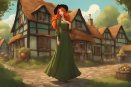 Full body shot of a tall slim pretty, red-headed young female witch, casting magical glowing symbols into the air, dressed in a long flowing green dress, standing in front of a row of cottages and shops with thatched roofs