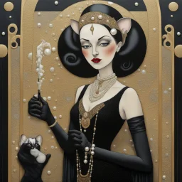 Mixed media, a tall beautiful woman with the head of a Siamese cat, wearing a black dress with pearls and long black gloves, she is holding a cigarette in a cigarette holder, background in the style of art deco Klimt, George Barbier, 3d, Bas relief, encaustic, gold leaf accents.