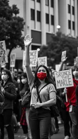 People going on strike with hand’s fest up and wearing masks all picture is in black and white style except a one beautiful girl in red is standing watching the crowd