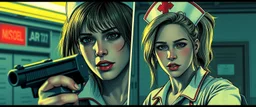 cyberpunk fallout 4, airbrush and pen outline, A cinematic, high-end advertisement image for a fictional service called “Nazi Spice Girl Nurse Surprise Party™”. Split-screen composition with two contrasting emotional states.