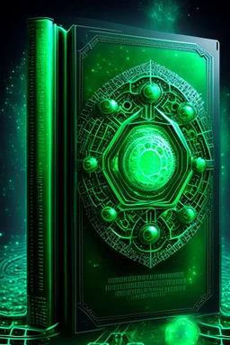 give me a small quantum nano future machine ring with emerald circular and for a book cover