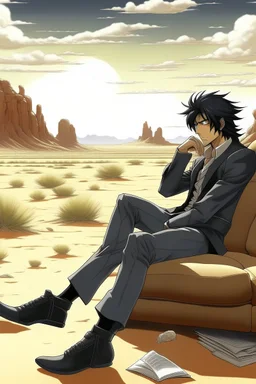 Nicholas Wolfwood Trigun is sitting on a couch in the middle of the desert