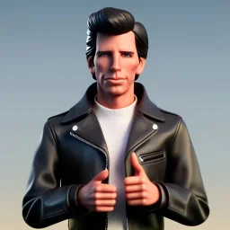 Wide view Young Fonz with black hair greaser figure doll 1977 (thumbs-up) (face) Forehead grin, fonzarelli, ((arnold's drive-in)) fonzie