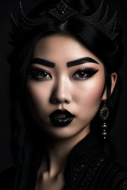 portrait of a young gorgeous fantasy asian goth woman, black makeup, black eyeline, black lipstick, fantasy style, realistic style, highly intrictae details, high quality, 8k