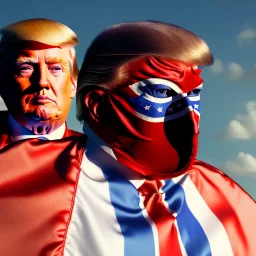 realistic image of donald trump as a mexican wrestling fighter posing outdoors, Mexican eyes wrestling mask, red and blue breeches, confederate flag cape, retro style, 80s, vibrant color, highly detailed, sky background, concept art, unreal engine 5, god rays, ray tracing, RTX, lumen lighting, ultra detail, volumetric lighting, 3d, finely drawn, high definition, high resolution.