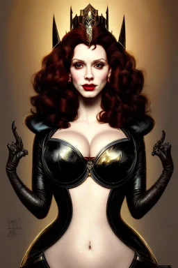 painting of christina hendricks as evil queen in black leather, feminie, angry, volouptous, busty, cleavage, emperious, mature, highly detailed, digital painting, artstation, concept art, smooth, sharp focus, illustration, art by gaston bussiere and alphonse mucha