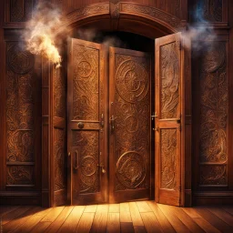 Half opened massive wooden door with lots of engraved magical symbols. Magical smoke coming out of the door opening. Harry Potter. Magical. Epic. Dramatic, highly detailed, digital painting, masterpiece