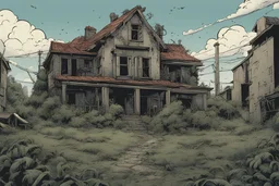 house, overgrown apocalyptic city background, comic book,
