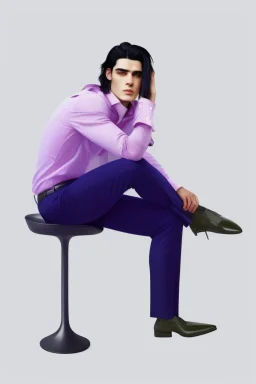 A guy with black hair, sitting on a chair, wearing a beautiful white shirt with pleats. in trousers with pleats