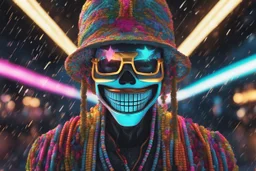 Sans in 8k realistic cartoon artstyle, pixel them, neon effect, close picture, rain, fantasy world, intricate details, highly detailed, high details, detailed portrait, masterpiece,ultra detailed, ultra quality