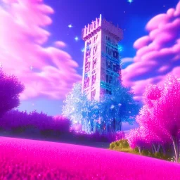 Blue cristal tower in a flowery countryside, glitter pink in a galactic ambiance, delicate colors in the foreground, full of details, smooth, light effect，vaporwave colorful, smooth, extremely sharp detail, finely tuned detail, ultra high definition, 8 k, unreal engine 5, ultra sharp focus