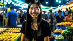 A night market in Bangkok, Thailand, illuminated by lanterns and streetlights. Thai vendors sell street food and souvenirs. A young Thai woman with long black hair, wearing a traditional dress, smiles at customers.