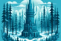 A cyan castle in a winter forest with falling snowflakes filled with Pacific Northwest totem poles