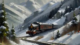 Create an impressionist oil painting of a streamlined train, designed by Kuhler, Dreyfuss, and Loewy, traveling through a mountain pass in the Rocky Mountains during winter, with snow gently falling. Capture the sleek, aerodynamic form of the train, emphasizing its smooth lines and modern elegance with light, fluid brushstrokes. The train should be seen winding its way through the snowy, rugged landscape, its metallic surfaces reflecting the diffused winter light and blending with the soft, fal