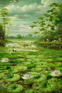 Prompt: rococo, wet-land marsh, waterlilies —s 50