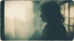 a blurred silhouette of a person leaving through a dirty, steamy window, side view, fuzzy polaroid photograph, vintage, grimes, sectioned, distress, connectedness, synaesthesia, unconnected, tonalism, duotone