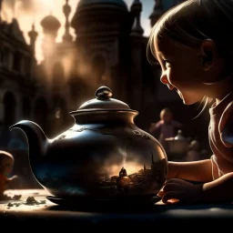 A teapot is shining and a child is looking at it, laughing, and the child’s image is reflected in the teapot, and behind the child is the reflection of a destroyed city.