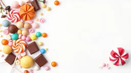 A beautiful image filled with chocolate, lollipops, and various colored pastels and candies on the left side of the image with a white, orange, and pale blue background theme.
