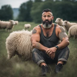 close up of a 38 year old turkish shepherd tattoed, sturdy, hairy muscular chubby, with short black beard and big nose, relaxes sitting leaning against a tree in the middle of a meadow full of grazing sheep, dressed in a dirty and ruined tank top and ruined old shorts, strong and muscular hairy legs, bare feet, photorealistic bucolic scene,