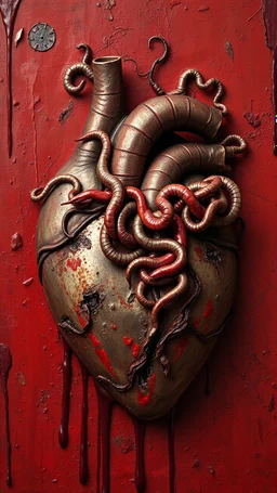 Bosch style painting , A 3D s lot of worms coming out of the middle of a rusty metallic open heart in details on red bloody background