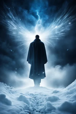 In the cloud an abyss containing the big scale of justice in an icy winter with cold sparks flying